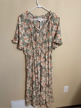 Hayden Sage Green Floral Maxi Dress with White & Coral Accents